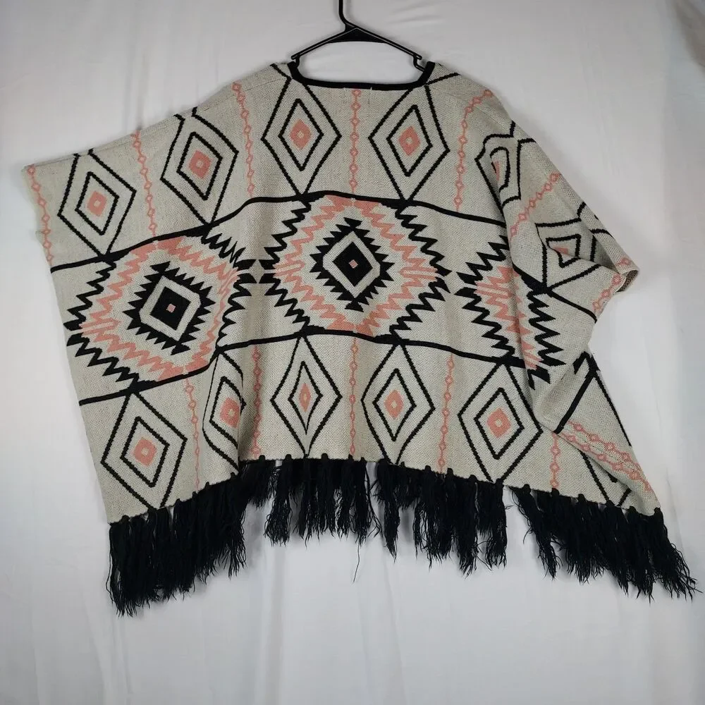 Boho Aztec Print Poncho Sweater by Melrose and Market, One Size, V-Neck Fringe